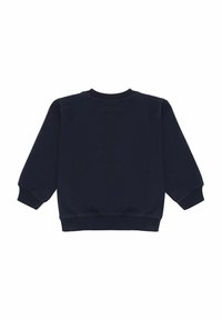 Sudadera azul marino de cuello redondo con mangas largas, puños y dobladillo acanalados, fabricada con tejido suave, con una textura lisa en la parte posterior.