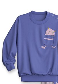 Lila Sweatshirt mit gerippten Bündchen und Kragen; vorne befindet sich ein Taschenmotiv mit einer Pinken Cartoonfigur mit Hörnern.