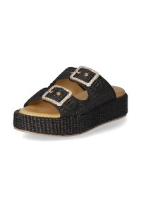 Sandales à semelle compensée noires avec texture tissée, deux boucles réglables ornées de rhinestones, et une semelle intérieure en tan rembourrée. Design à plateforme pour un peu d'élévation.