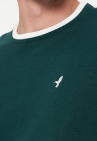 Gros plan sur une personne portant un pull ras du cou vert foncé avec un logo d'oiseau blanc brodé sur la poitrine.