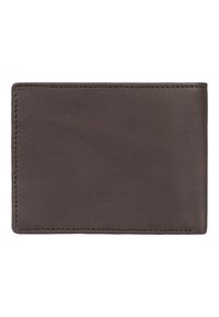 Cartera de cuero marrón con textura suave, forma rectangular y costuras visibles a lo largo de los bordes, que presenta un diseño minimalista.