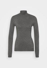 Maglione a collo alto grigio, design aderente, maniche lunghe, realizzato in tessuto morbido con una texture liscia. Nessun motivo o accessorio visibile.