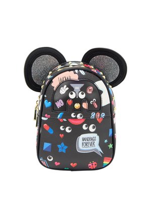 Mały czarny plecak z dużymi uszami myszy, kolorowymi oczami w stylu kreskówki, sercami, gwiazdkami, dymkiem z napisem „Handbags Forever” oraz różnymi zabawnymi ikonami.