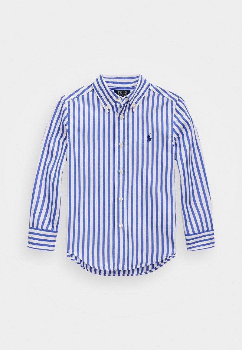 Button-down skjorte i blå og hvite vertikale striper, med rett krage, lange ermer, og en liten logo på venstre bryst.