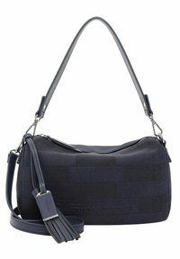 Granatowa torba z teksturowanej tkaniny, z zamkiem błyskawicznym i regulowanym paskiem na ramię; posiada akcent w postaci chwosta oraz logo marki.