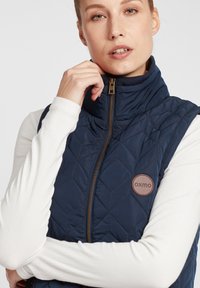 Jūras zils, quiltēts bez piedurknēm vests ar augstu apkakli un zelta rāvējslēdzēju. Kreisajā pusē ir brūns apļa logo. Zem tā ir balta garām piedurknēm blūze.