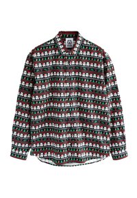 Musta pitkähihainen paita, jossa toistuva kuvio valkoisista hahmoista joulupukin hatuissa, vihreistä kuusista, karkkikepeistä ja punaisista korostuksista.