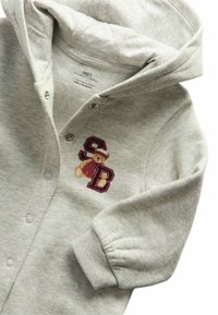 Sweat-shirt zippé à capuche gris avec des boutons de fermeture, des manches côtelées et un graphisme de ours brodé avec les lettres "S" et "B" en bordeaux.