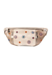 Beige Leder Bauchtasche mit buntem Floral-Stickerei, silbernem Zubehör, doppeltem Reißverschluss und einem Logo-Detail auf der Vorderseite.