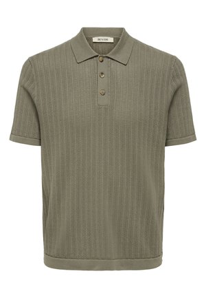 Olive green knitted polo shirt with a textured pattern, a collar, and three buttons at the front. Short sleeves with contrasting cuffs.