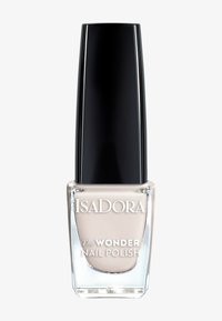 Lakier do paznokci IsaDora The Wonder w przezroczystym beżowym odcieniu, w przezroczystej szklanej butelce z eleganckim czarnym korkiem.
