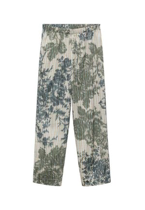 Pantaloni leggeri a fantasia floreale con design plissettato. I colori presentano tonalità di verde e blu su uno sfondo crema. Vita elasticizzata.
