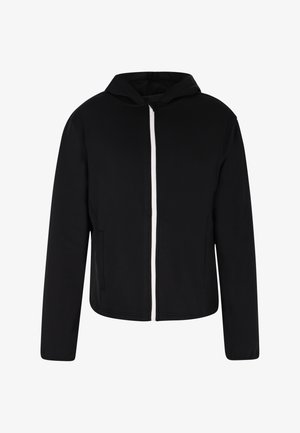 Must kulmse hoodie valge tõmbluku ja esi-taskuga. Omab pehmet tekstuuri ning lihtsat disaini kapuutsiga.