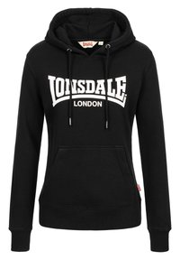 Black hoodie with white "Lonsdale London" logo, adjustable drawstrings, front pocket, ribbed cuffs, and waistband. Made from cotton material.