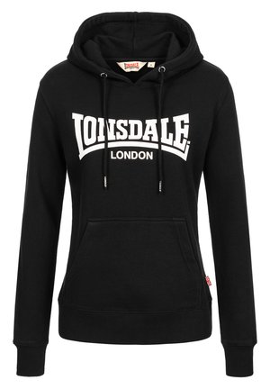 Black hoodie with white "Lonsdale London" logo, adjustable drawstrings, front pocket, ribbed cuffs, and waistband. Made from cotton material.