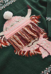 Dunkelgrüner Strickpullover mit pinkem Tierdesign, akzentuiert mit Pailletten und Fransen in verschiedenen Farben. Verfügt über ein weiches Pom-Pom-Detail.