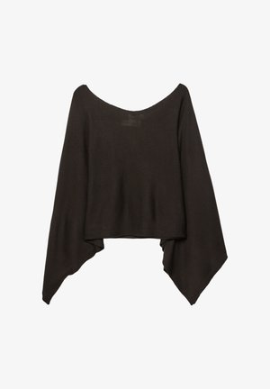 Tamno smeđi pleteni pončo sa širokim, lepršavim rukavima i širokim izrezom, dizajniran za ležerno, lepršavo pristajanje.