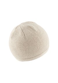 Knit beanie hat in light beige. Rounded shape with ribbed texture, featuring a seamless design and delicate stitching at the base.