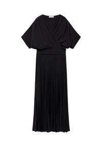 Abito lungo nero con un design avvolgente, maniche corte, texture plissettata e vita definita. Realizzato in tessuto leggero per un fit fluido.