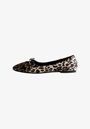 Leopard print ballet flat features a soft fabric upper, rounded toe, black trim, and a decorative bow detail on the vamp. Flat sole.