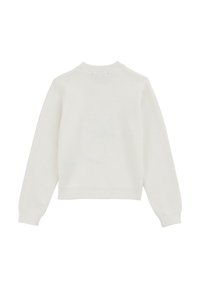 White knitted sweater with long sleeves and ribbed cuffs. Features a round neckline and a slightly cropped back. No visible logos or embellishments.