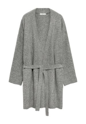 Cardigan grigio a maglia con design avvolgente, maniche lunghe e una cintura da annodare in vita. Presenta polsini a costine e apertura frontale.
