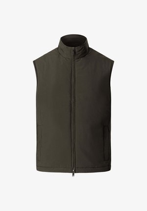 Gilet sans manches vert olive avec col haut et fermeture éclair à l'avant, doté de poches latérales et d'un tissu lisse et rembourré.