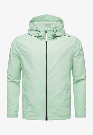 Light mint green jacket with a hood, features a black front zipper and logo detail on the chest. Smooth texture and long sleeves.