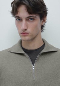 Junger Mann mit blauen Augen und braunen Haaren, der einen hellgrauen Pullover mit Reißverschluss über einem dunkelgrauen Hemd vor einem einfarbigen Hintergrund trägt.