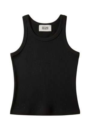 Canottiera nera a coste senza maniche con scollo rotondo e etichetta Silvian Heach all'interno del colletto.
