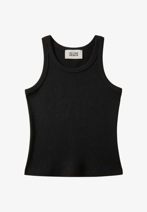Canottiera nera a coste senza maniche con scollo rotondo e etichetta Silvian Heach all'interno del colletto.