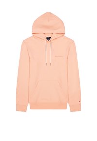 Felpa pesco chiaro con cappuccio regolabile, tasca frontale e logo ricamato sul petto. Tessuto liscio con polsini e orlo a costine.