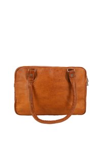 Brown leather handbag with two handles and a zipper on the side, shown against a white background.