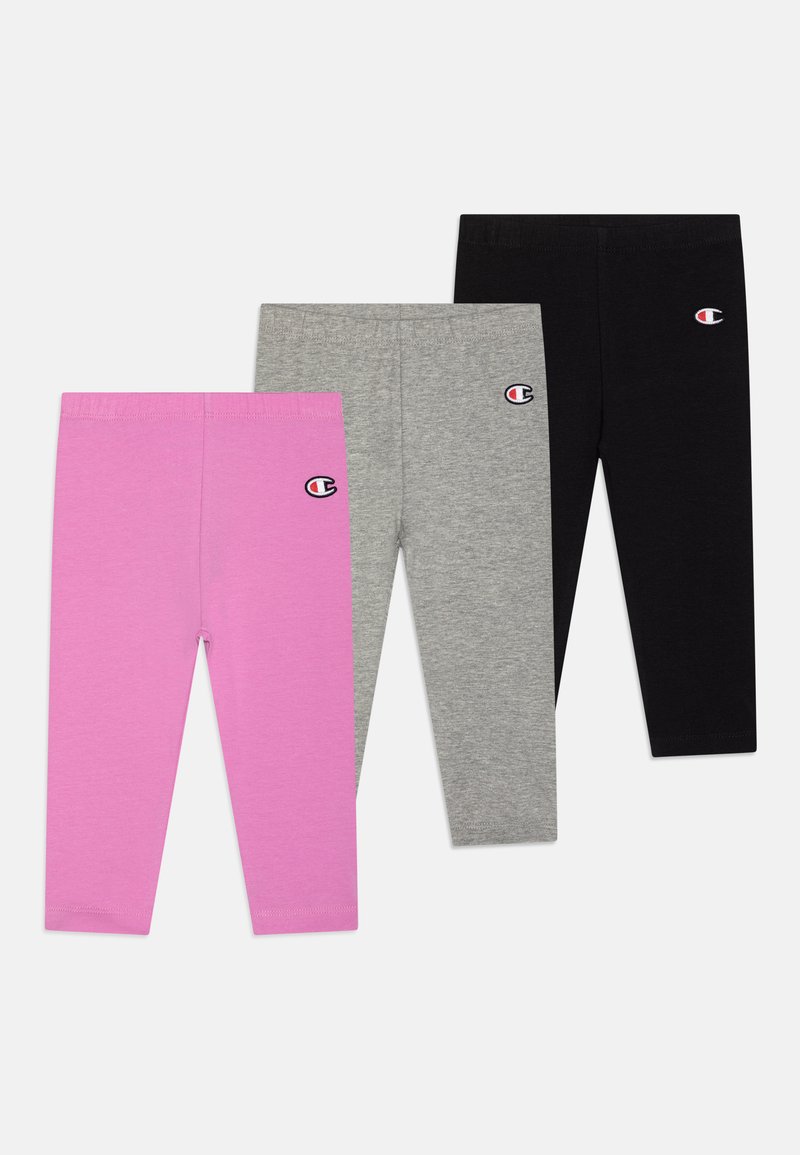 Három pár leggings: rózsaszín, szürke és fekete. Mindegyik pár puha anyagból készült, elasztikus derékrésszel és egy kis logóval az oldalán.