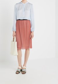 Lyseblå, langærmet, plisseret bluse med krave kombineret med en laksefarvet plisseret nederdel. Holder en hvid taske og har flerfarvede sandaler på.