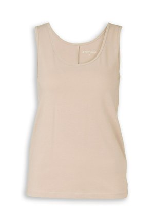 Beige ärmelloses Damen-Tanktop mit Rundhalsausschnitt, Größe Small, hergestellt von Tom Tailor.