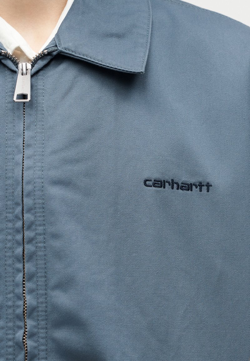 Primo piano di una persona che indossa una giacca con cerniera blu con collo e "carhartt" ricamato sul petto.