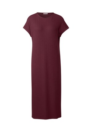 Burgundy ribbed dress with short sleeves, relaxed fit, and a straight silhouette, featuring subtle texture and no visible fastenings.