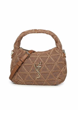 Sac à main en cuir tressé marron avec poignée rembourrée, bandoulière en cuir réglable et logo doré V73 sur le devant.