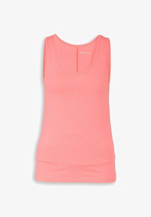 Korallenrosa ärmelloses Tanktop mit Rundhalsausschnitt, figurbetontem Schnitt und kleinem weißen Größen- und Markenetikett im Kragen, Größe klein.