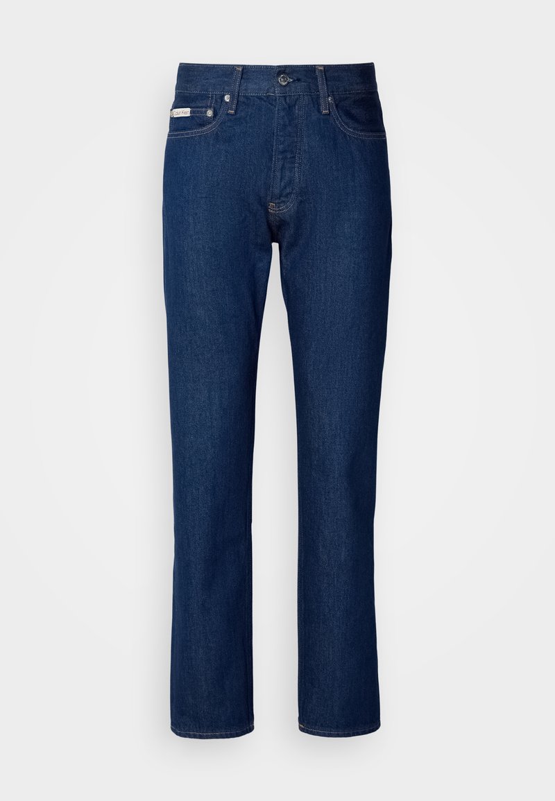 Granatowe dżinsy z prostymi nogawkami, z suwakiem i zapięciem na guzik, pięcioma kieszeniami oraz subtelnymi detalami w stichingu.