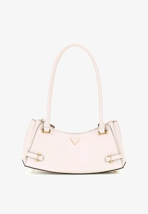 White leather handbag with curved shape, gold hardware accents, and two buckled straps. Features logo in triangular detail.