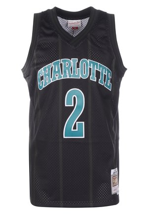 Zwart basketbalshirt met 'CHARLOTTE' in blauwgroene letters en nummer 2 in blauwgroen, voorzien van geperforeerde stof en een Mitchell & Ness-label.
