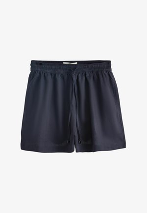 Tumesinised vabaaja lühikesed püksid, millel on elastne vöökohaga ja paelaga ning küljetaskud ja sirge äär.