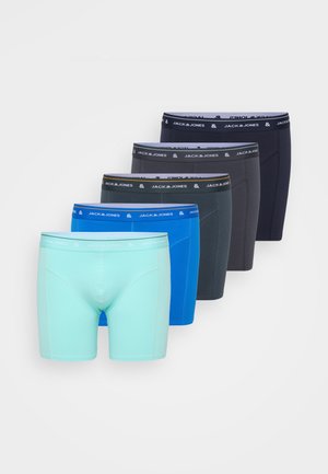 Five pairs of boxer briefs in varying colors: mint green, blue, dark gray, charcoal, and black. Each has a branded elastic waistband.