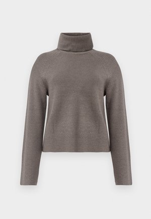 Grauer gerippter Rollkragenpullover aus weichem Strick. Besitzt lange Ärmel und eine lockere Passform mit Nahtdetails auf der Vorderseite und den Schultern.