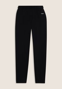 Pantalones deportivos negros hechos de una tela suave, con cintura elástica y un pequeño logo blanco en el lado izquierdo. Diseño recto y ajustado.