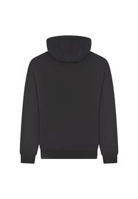 Felpa nera con cappuccio, caratterizzata da una texture liscia, polsini e orlo a costine, e un design classico. La vista mostra il retro senza loghi o modelli.