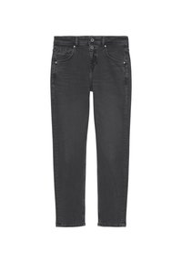 Jeans de denim negro con un corte recto, que cuentan con un cierre de botón y cremallera, cinco bolsillos y un sutil desgaste para añadir textura.