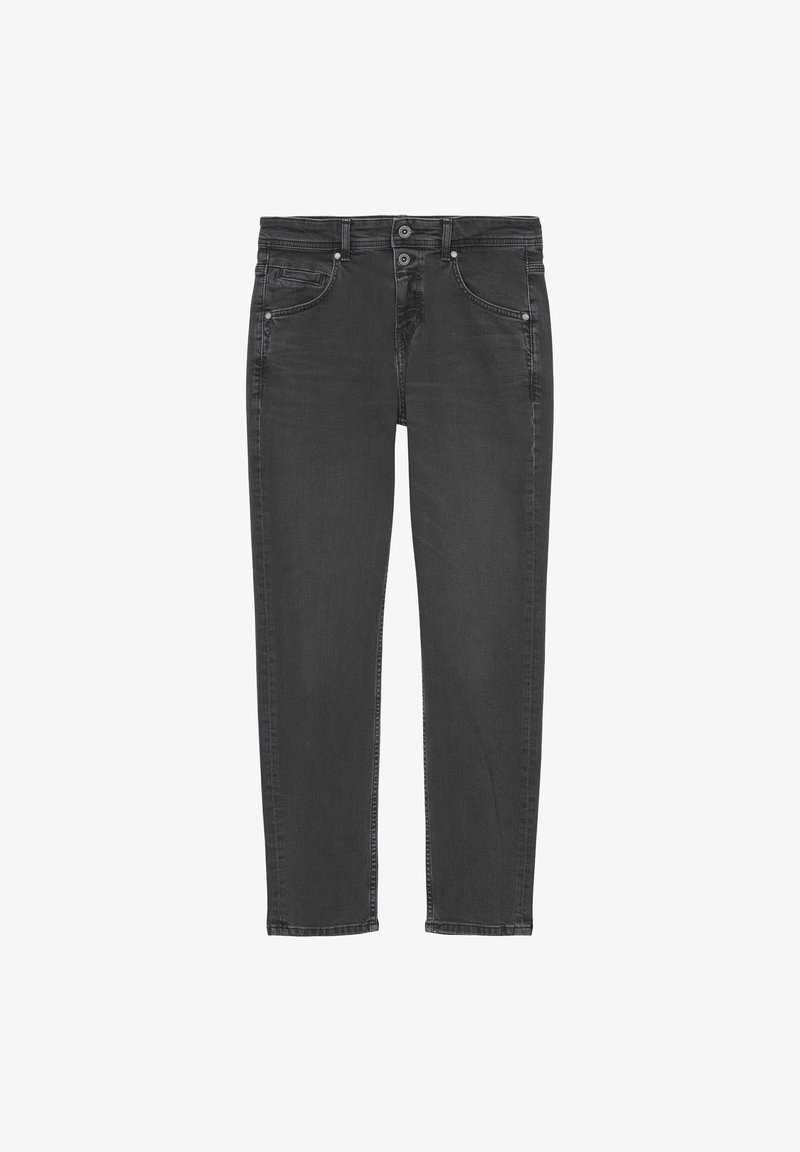 Jeans de denim negro con un corte recto, que cuentan con un cierre de botón y cremallera, cinco bolsillos y un sutil desgaste para añadir textura.